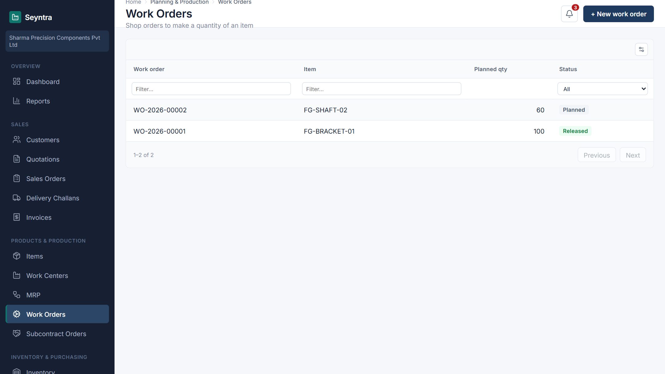 A work order with its status stepper and tabs for materials, operations and costing